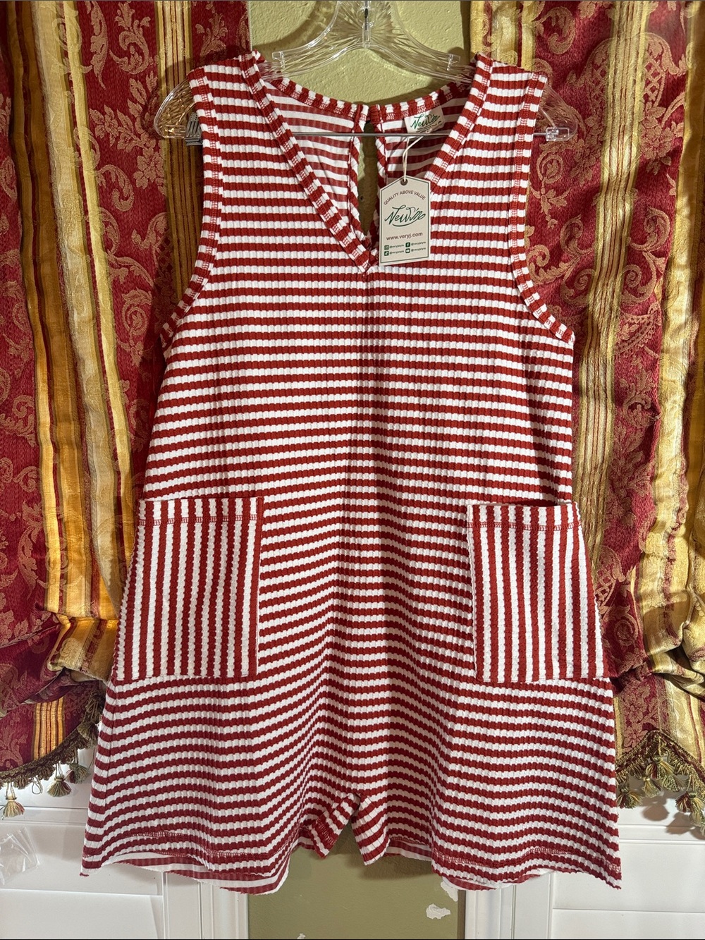 Very J Red and White Striped Sleeveless Pocket Dress
